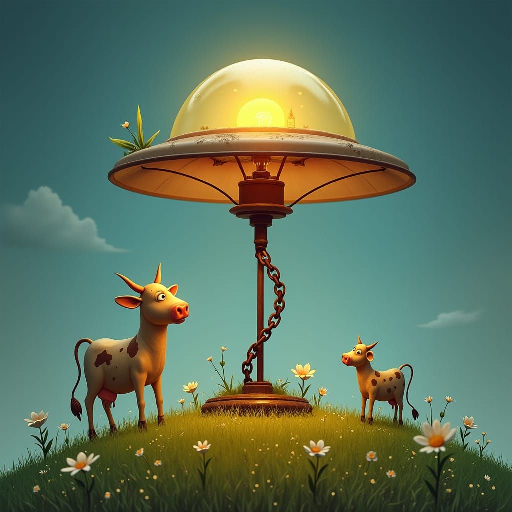 Whimsical UFO Lamp with Cow, in Folk-Art Style