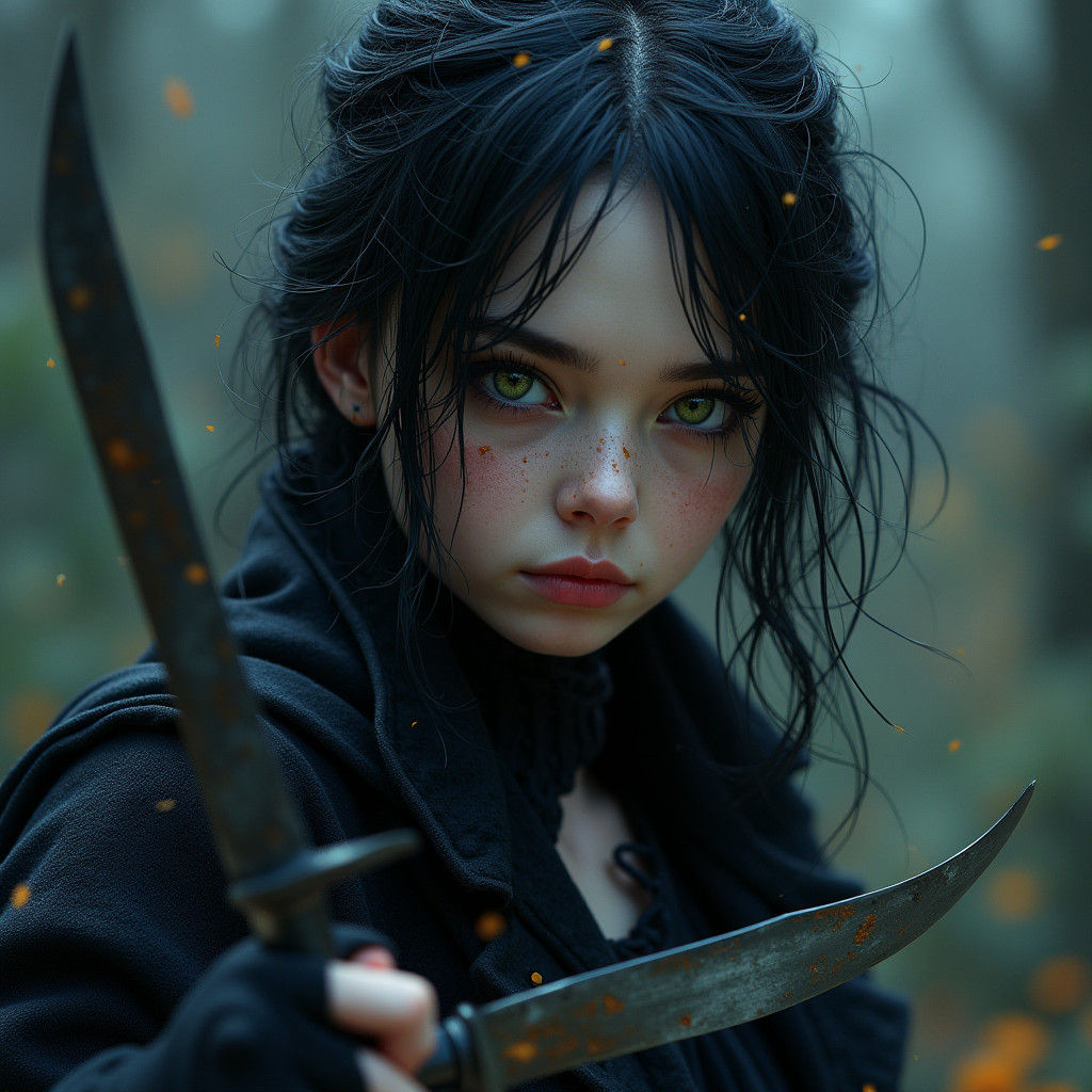 Dark Fairy Tale Woman With Knives in Fantasy Style