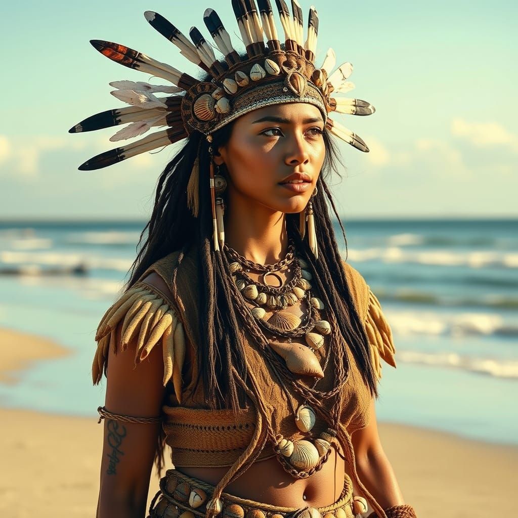 Ancient Coastal Native American Woman in Earthy Bronze Age A...