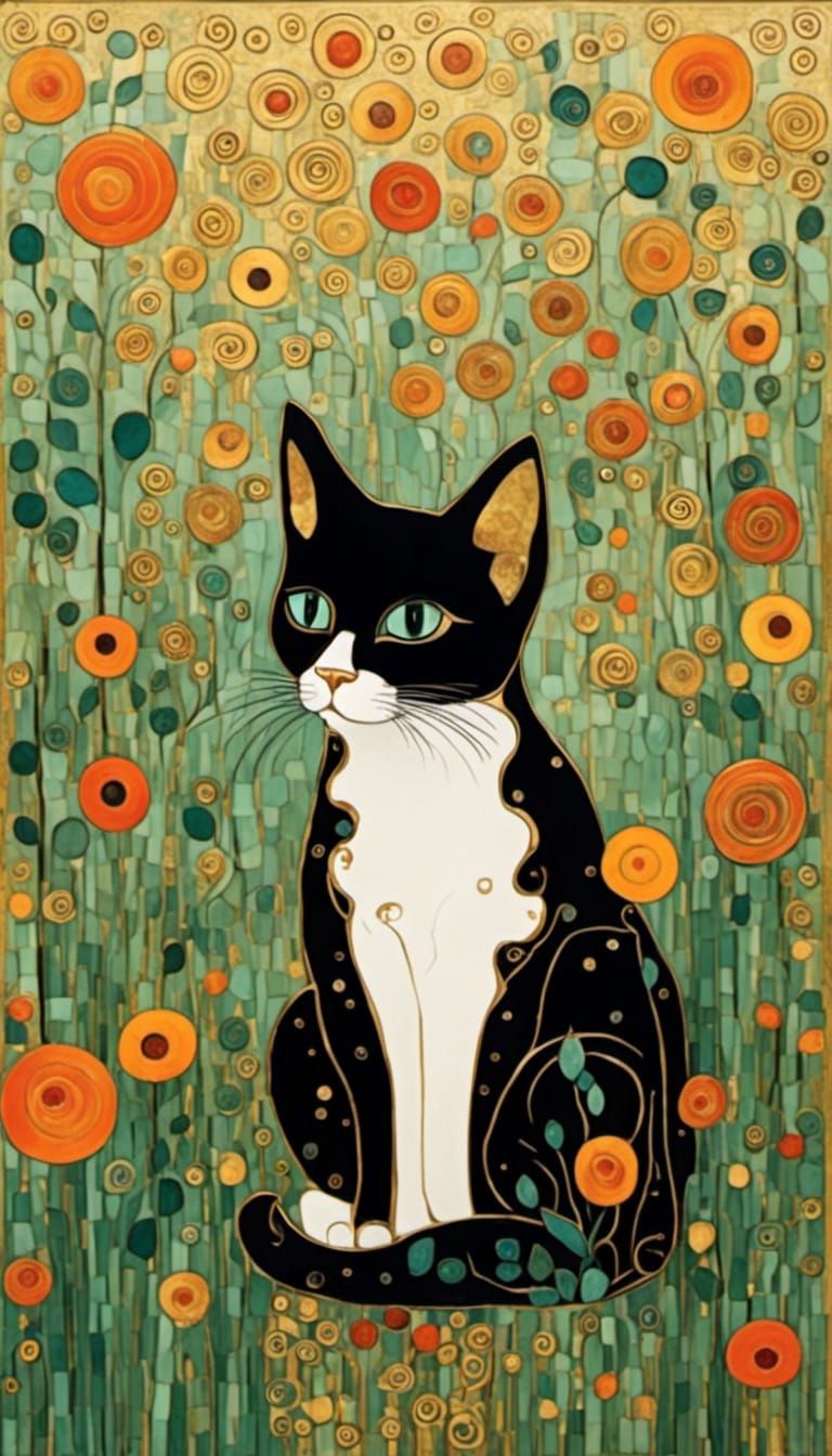 <lora:Klimt Craft:1.0> black chibi kitten Cat sitting in a g...