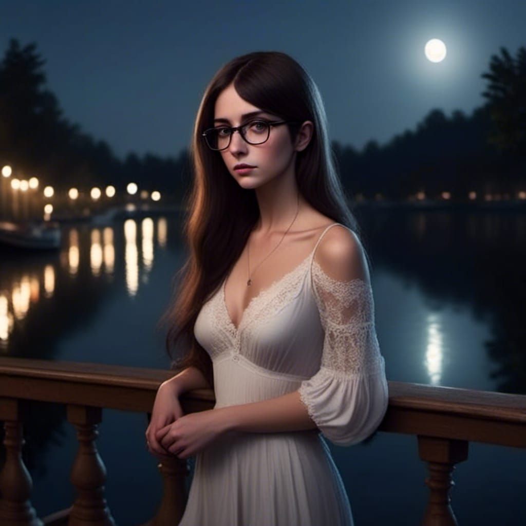 Woman on Deck in Moonlight: Hyperrealistic Photography