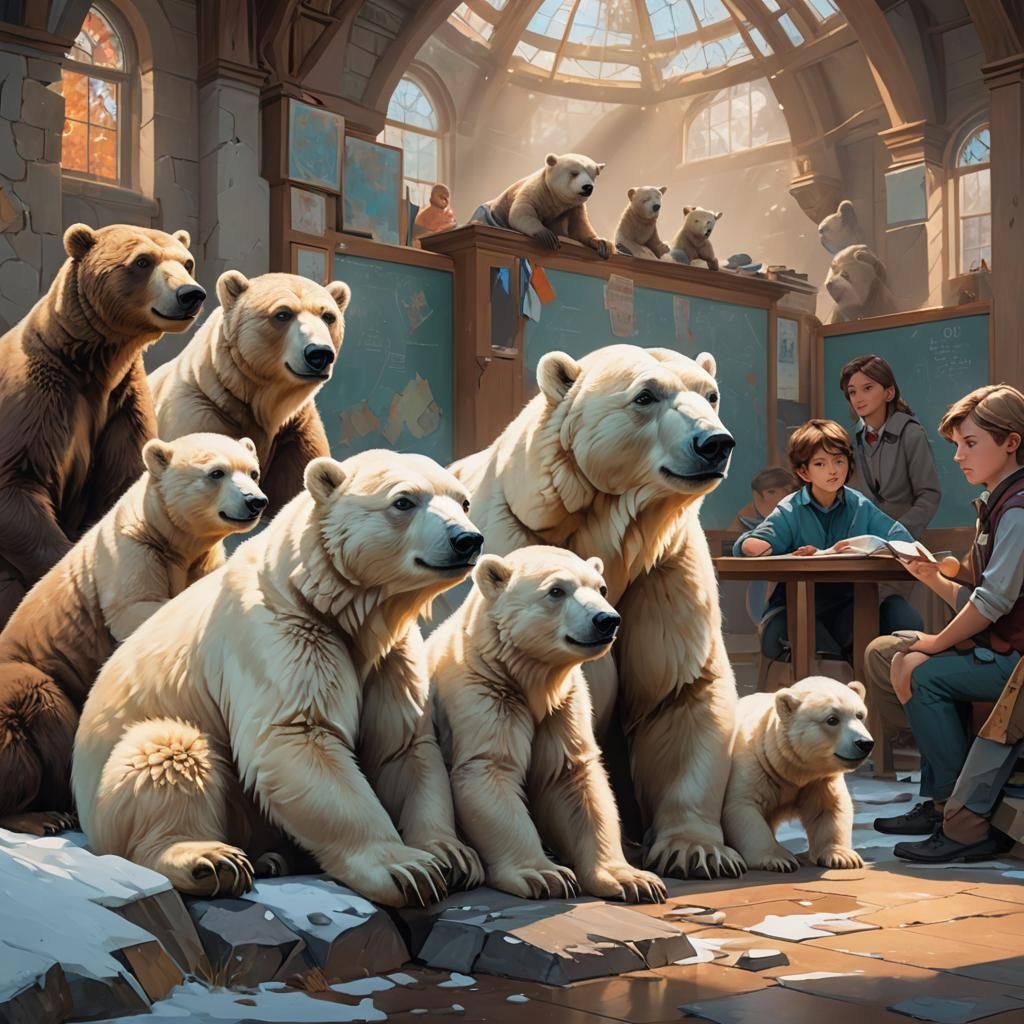 Polar Bear Cubs Learn from Brown Bear Teacher