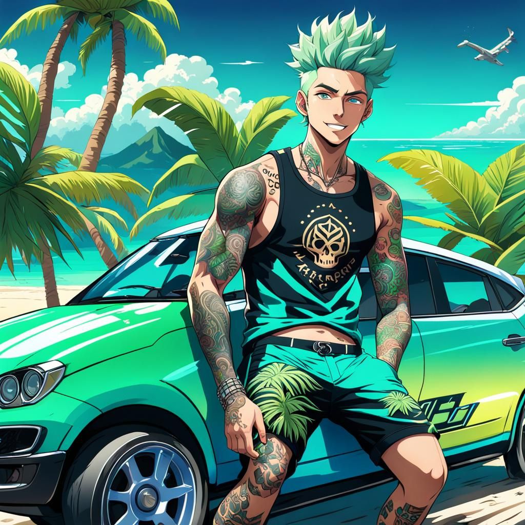 Teen Anime Boy on Tropical Beach Race Track
