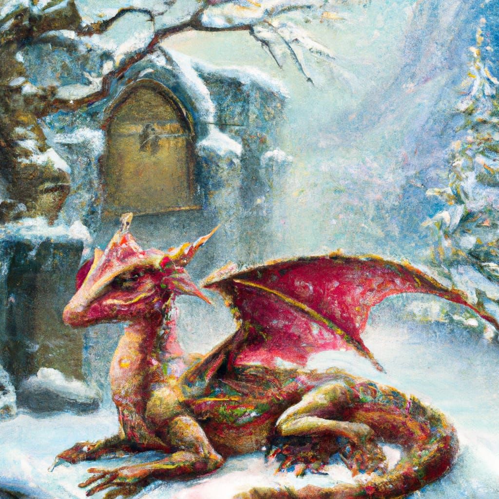Christmas Dragon Beside Tree in Kinkade Style