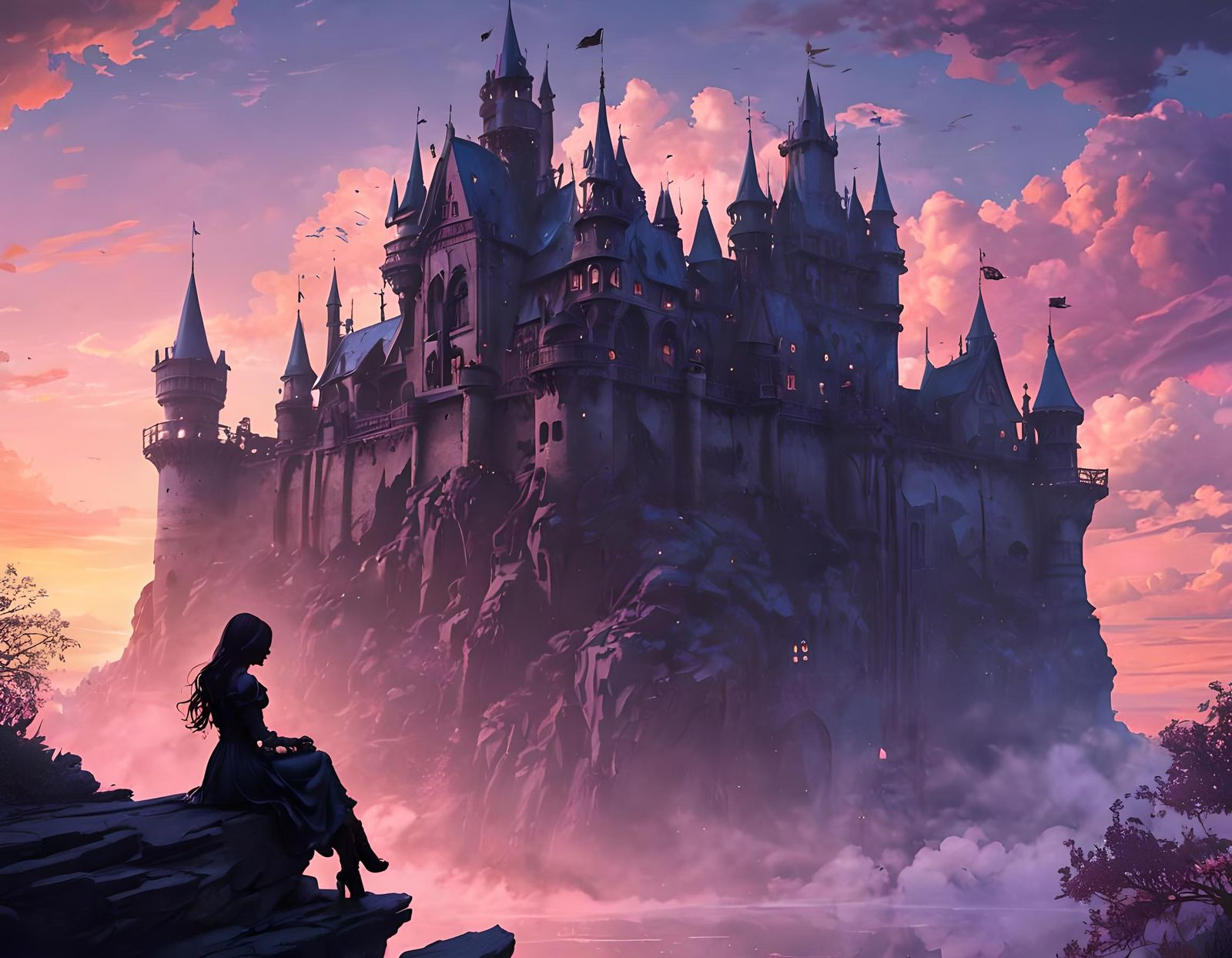 Steampunk Castle Silhouette: Fantasy Surrealism in Pastel
