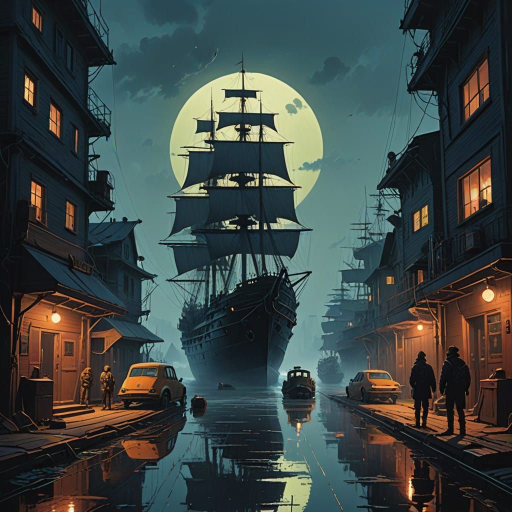 Colonial Ships Lost in Foggy Midnight Waters