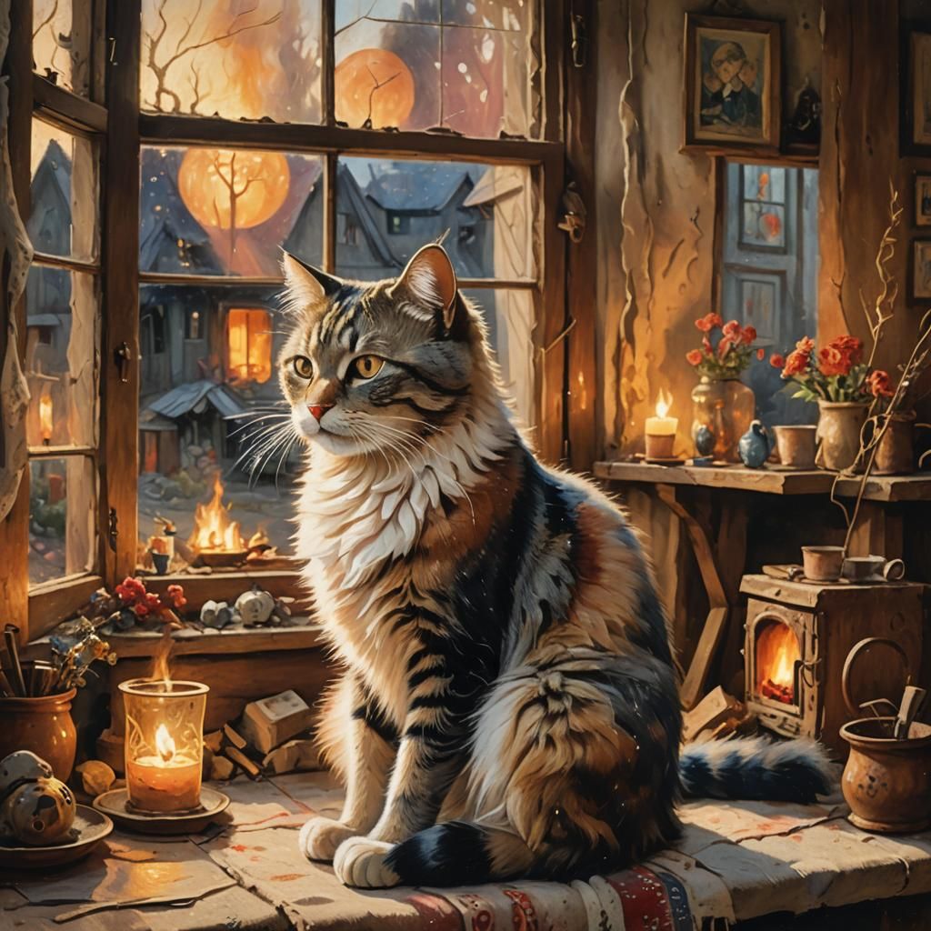 Whimsical Cat in Rustic House, Watercolor Folk Art