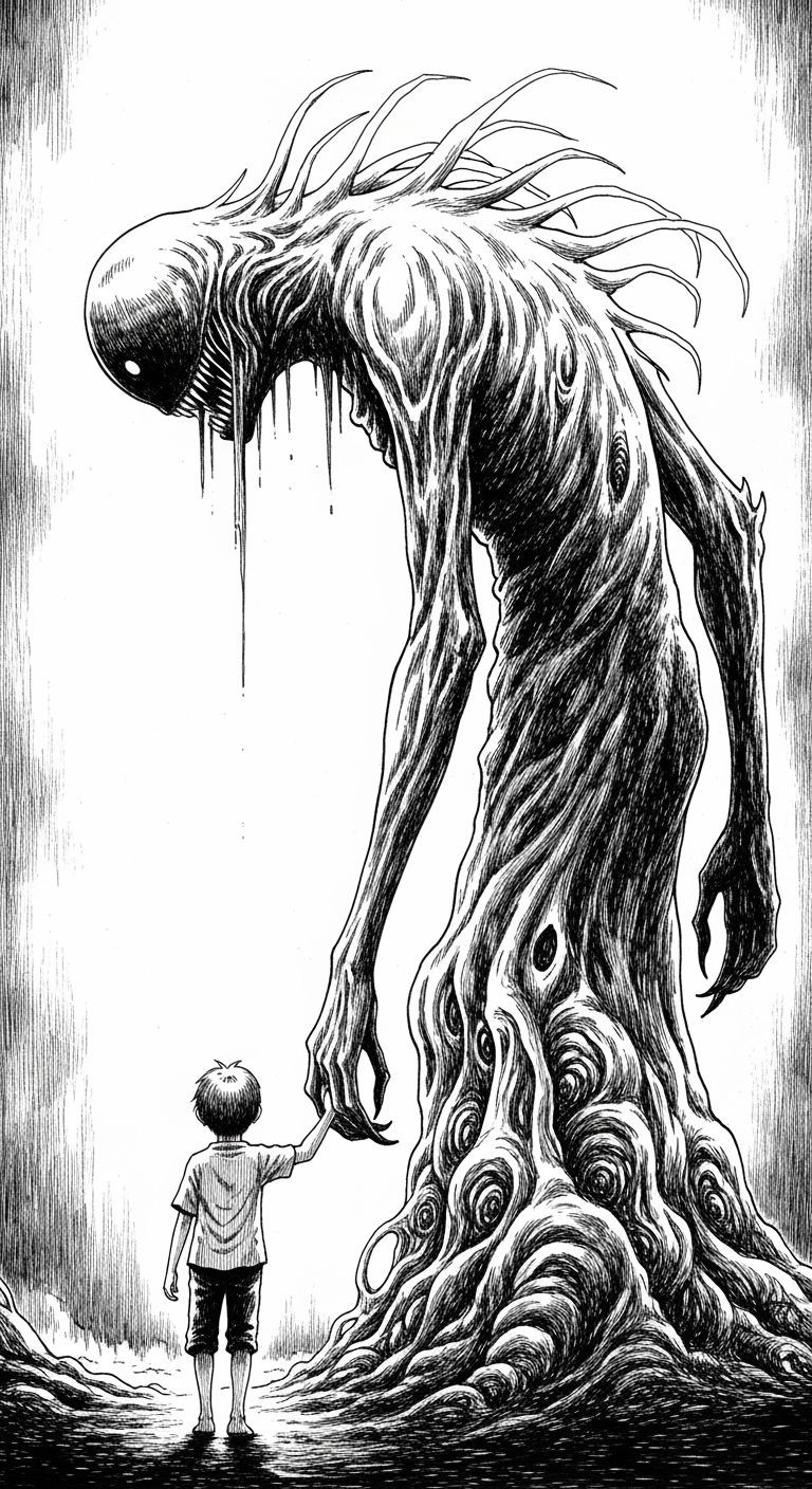 Boy Held Hand by Gentle Giant Monster in Ink Drawing