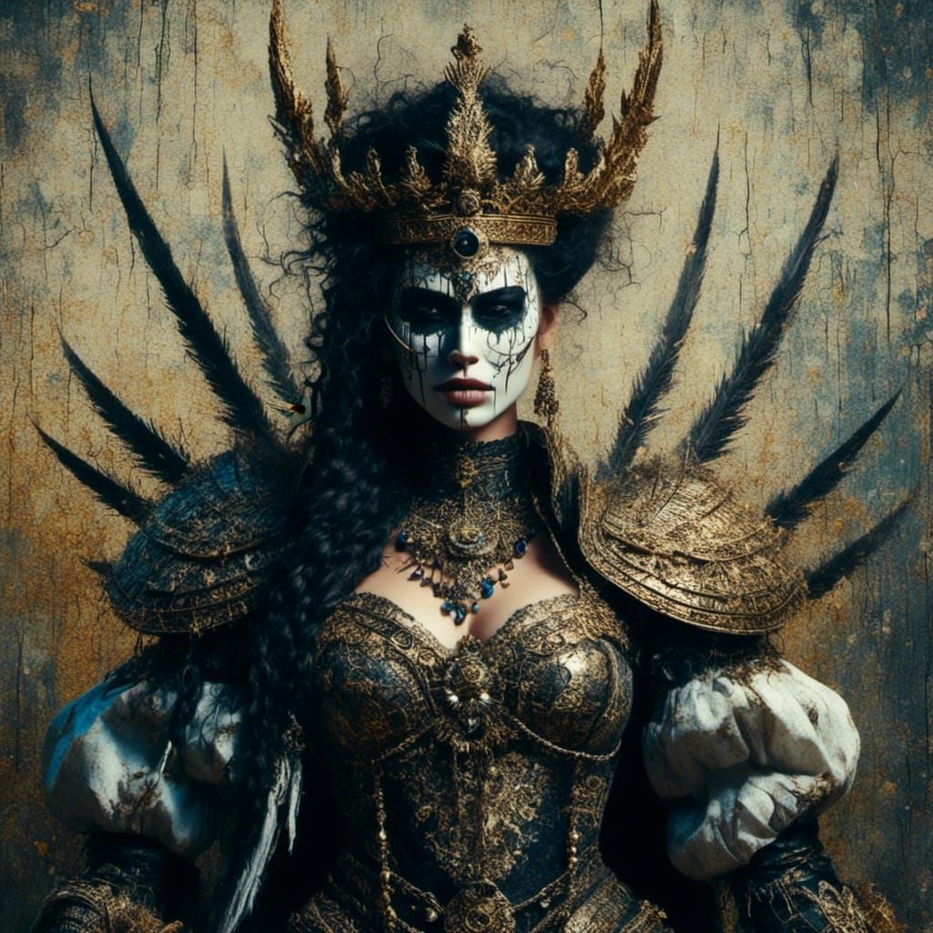 Glitched Queen with Cracked Line Art