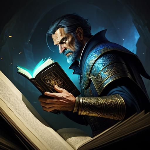 Sorcerer Reading Tome in Tomb: Hyperrealistic Concept Art