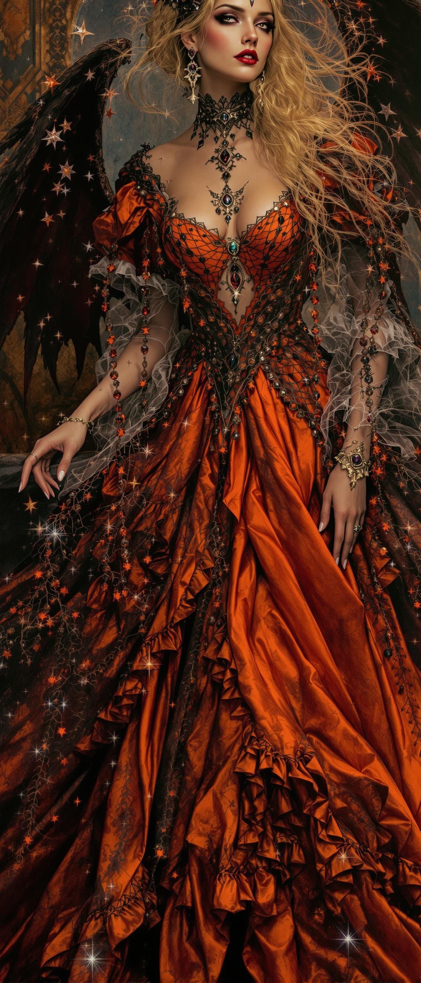 Victorian Lady Radiates Elegance in Dark Rust and Orange Gow...