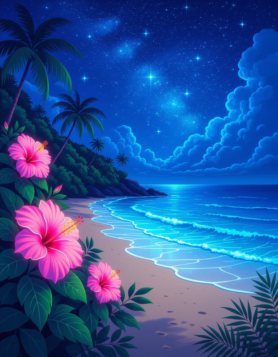 Bioluminescent Beach with Neon Hibiscus Flowers in Astral St...