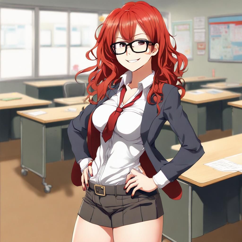 Anime Style Teacher in Classroom with Red Hair