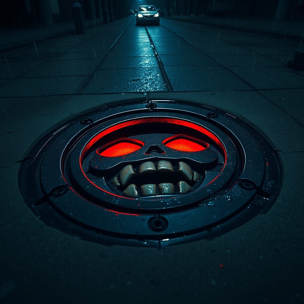 Dark City Manhole with Sinister Grin