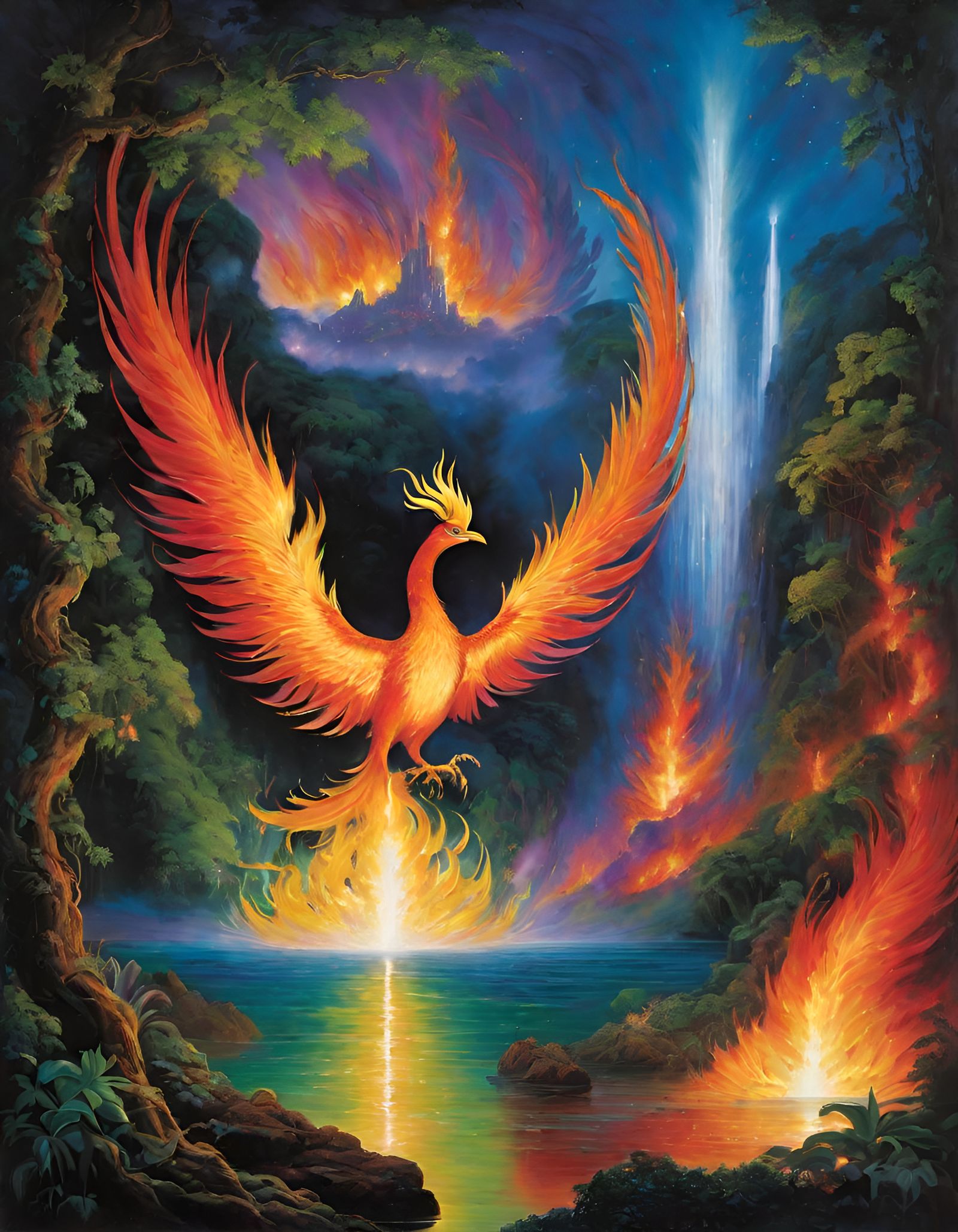 Fiery Phoenix Rising from Jungle Floor