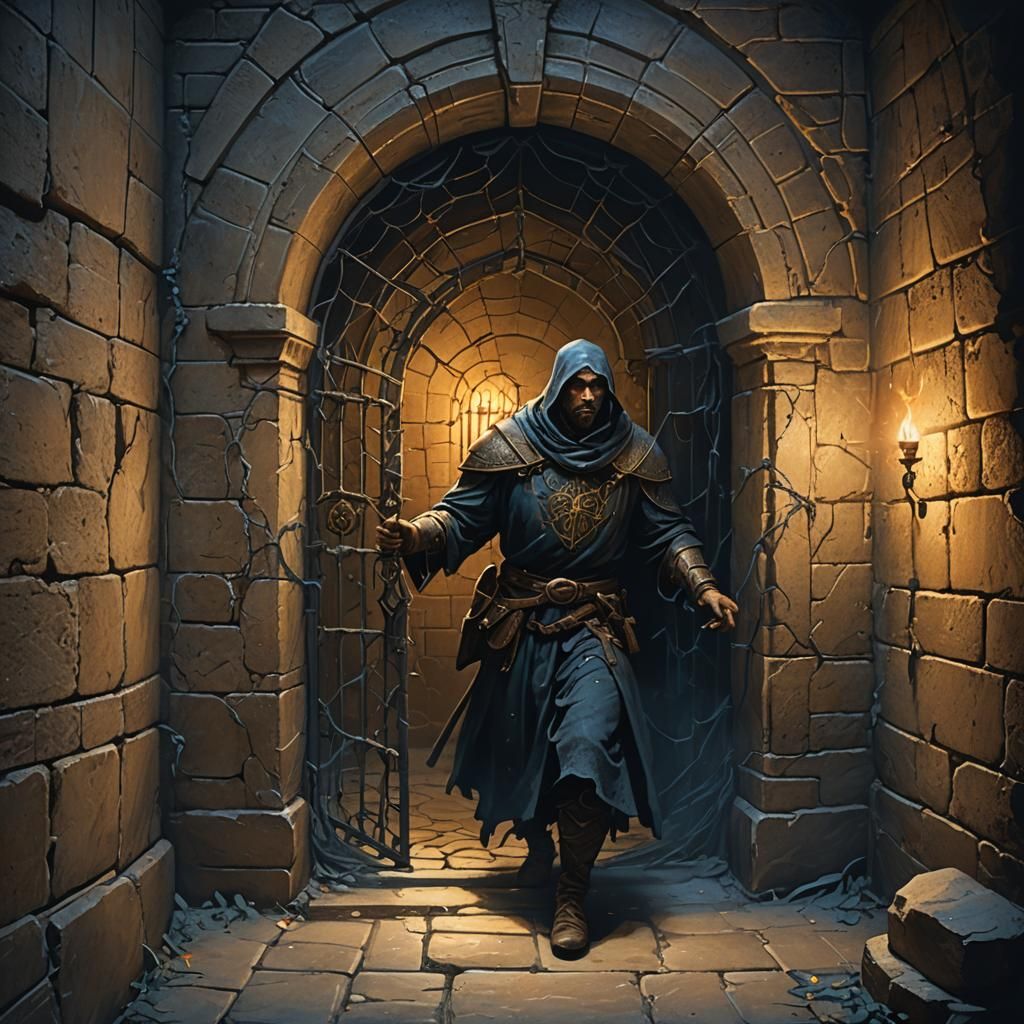 Dimly Lit Crypt with Jailor: Medieval Fantasy Art