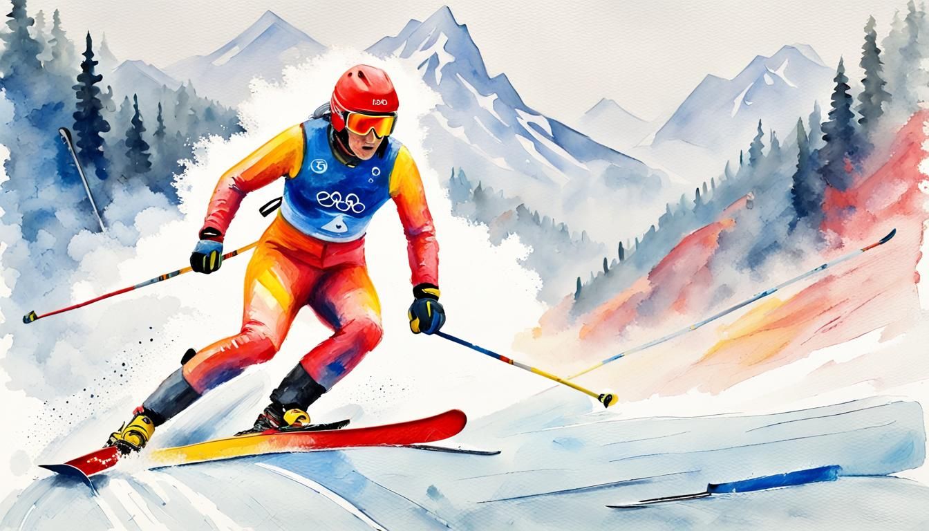 Olympic Slalom Skier in Impressionist Watercolor Style