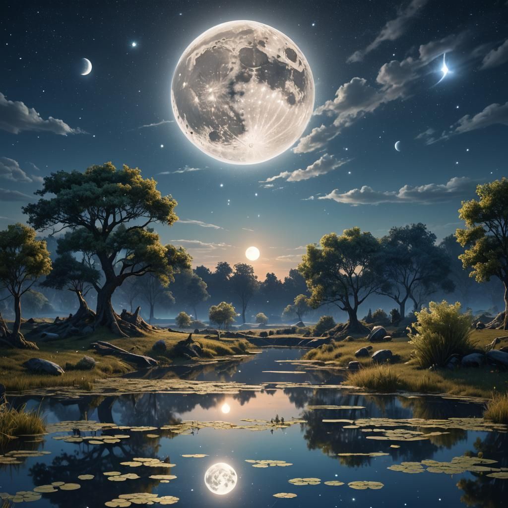 Full Moon Reflection in Fantasy Landscape