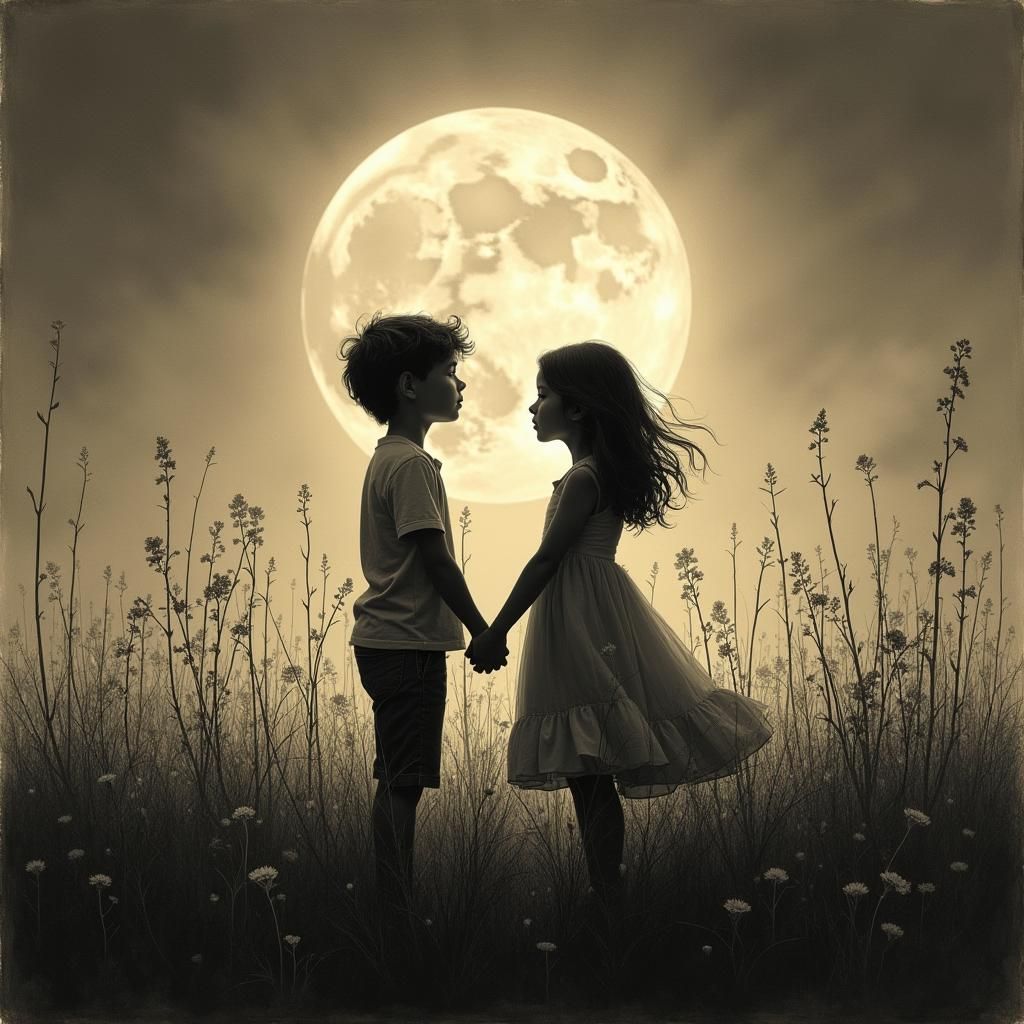 Moonlit Couple in Field: Charcoal Drawing