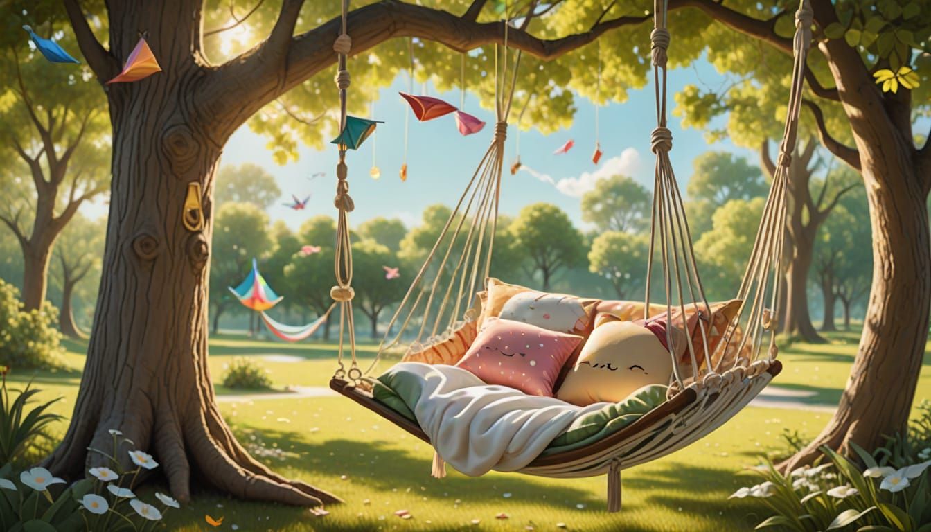 Surreal Scene of a Pillow Hammock in a Sunny Afternoon