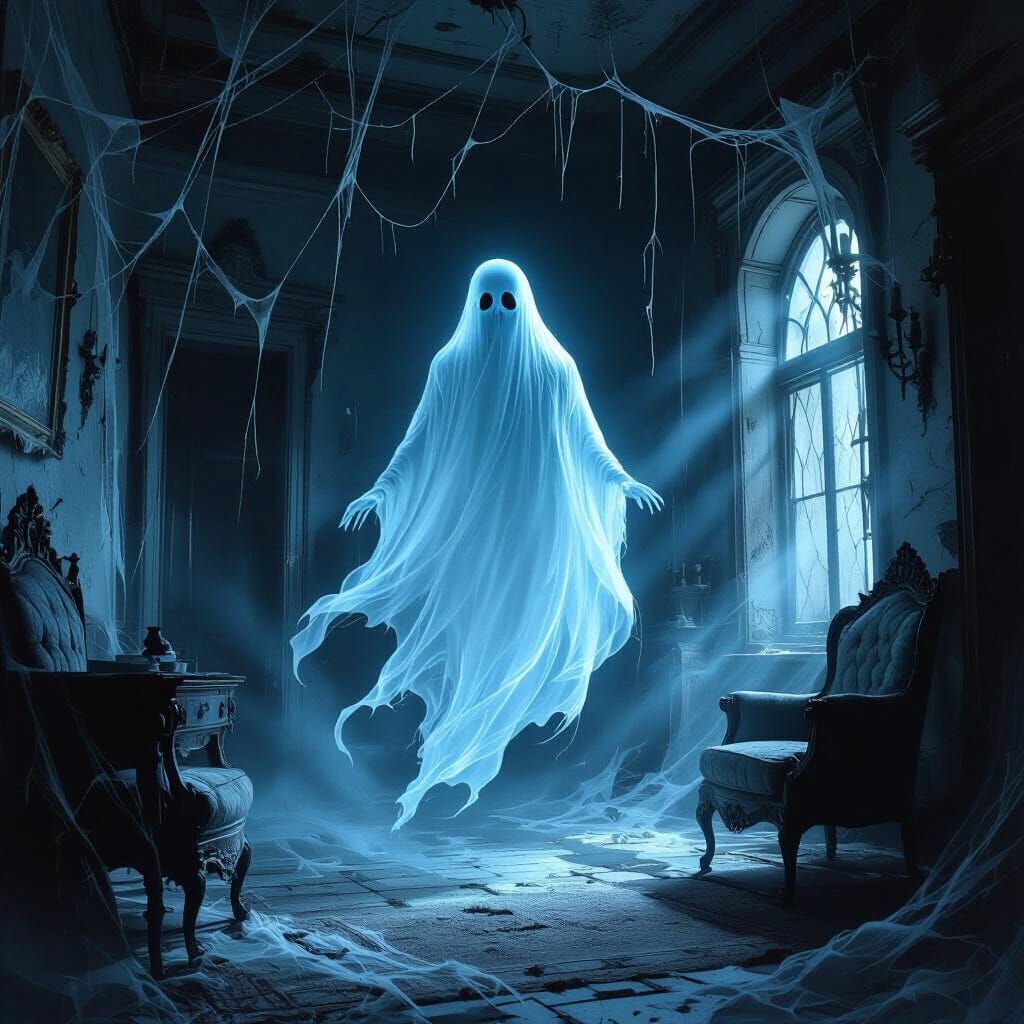 Ethereal Ghost Haunts Decaying Mansion in Gothic Horror Styl...