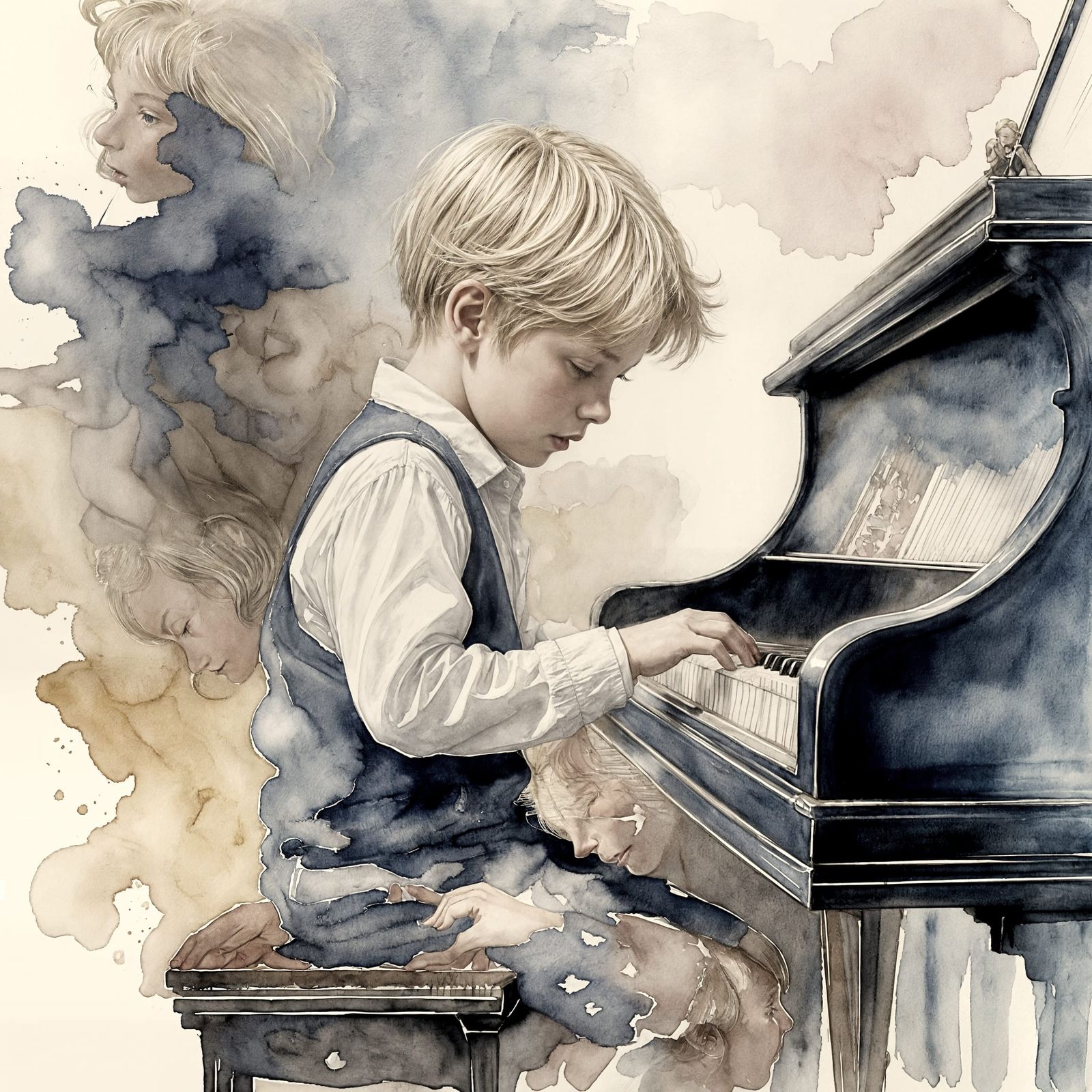 Blond Boy Playing Piano in Ethereal Watercolor Style