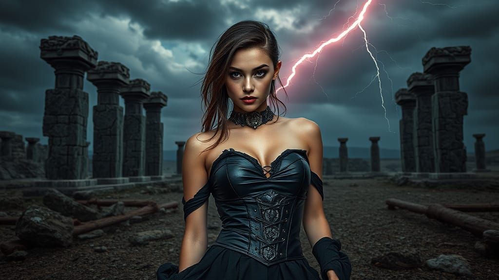 Dark Sorceress in Desolate Ruins, Hyperrealistic Anime Style