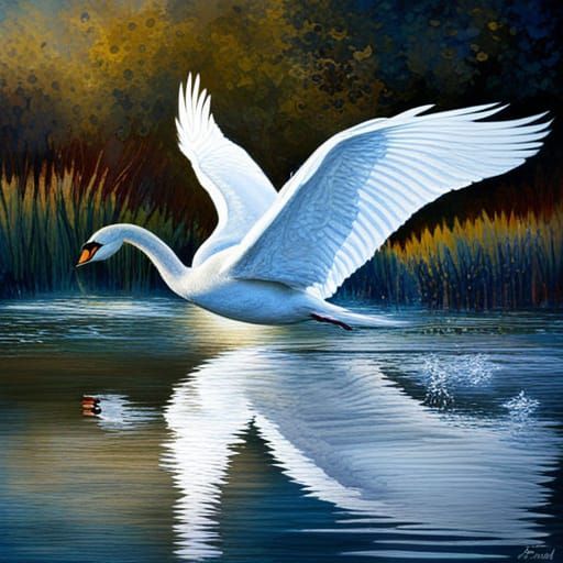 Elegant White Swan Landing: Pre-Raphaelite Painting