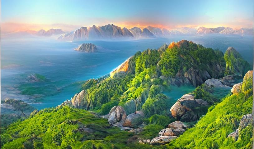 Majestic Beach and Mountain Vista in Golden Light