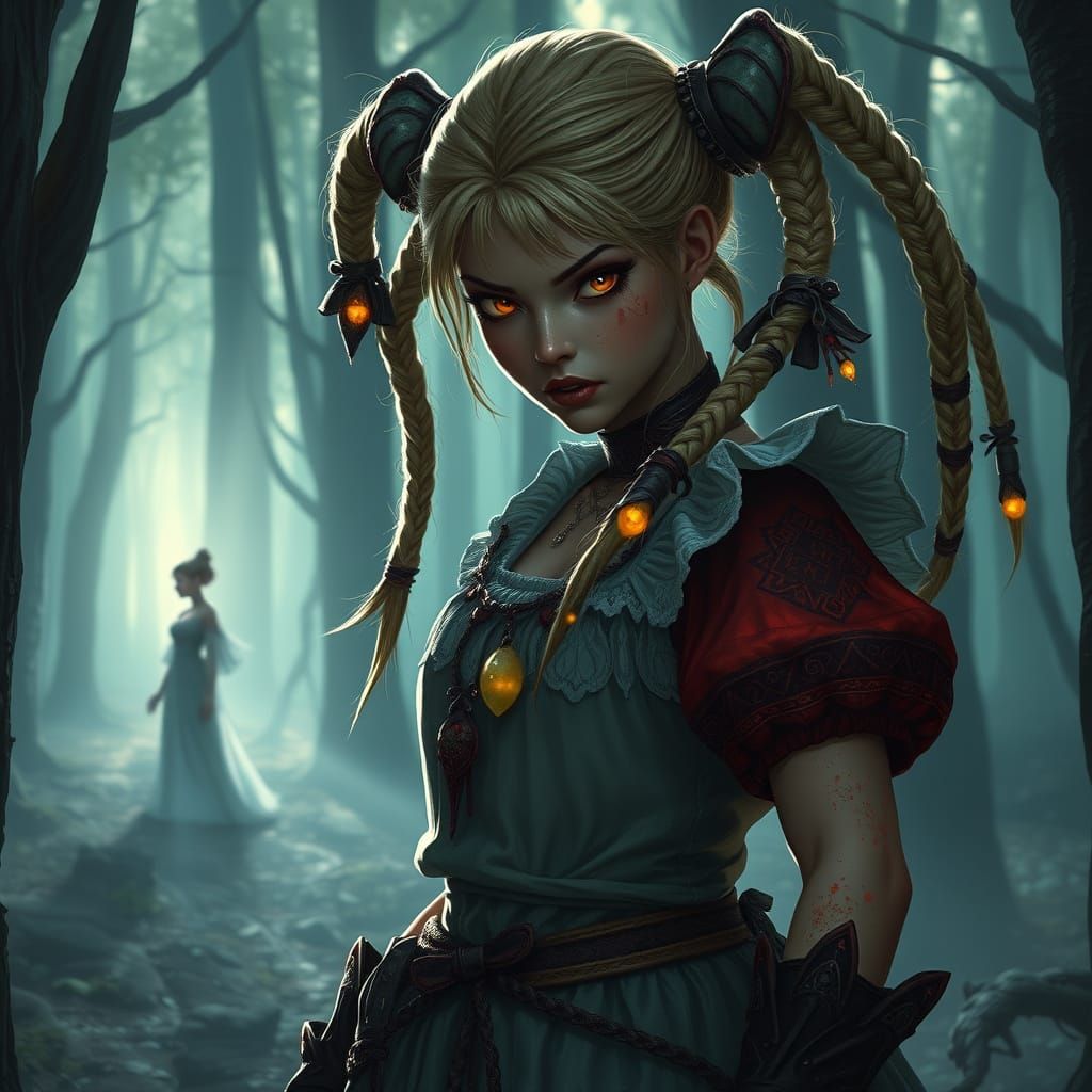 Mystical Warrior Goddess Emerges from Dark Fantasy Forest