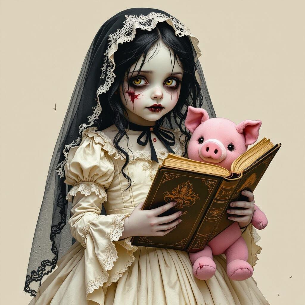 Undead Child Bride with Nursery Book in Gothic Style
