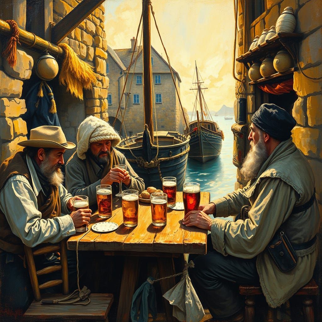 Cornish Fishermen in Harbour: An Impressionistic Oil Paintin...