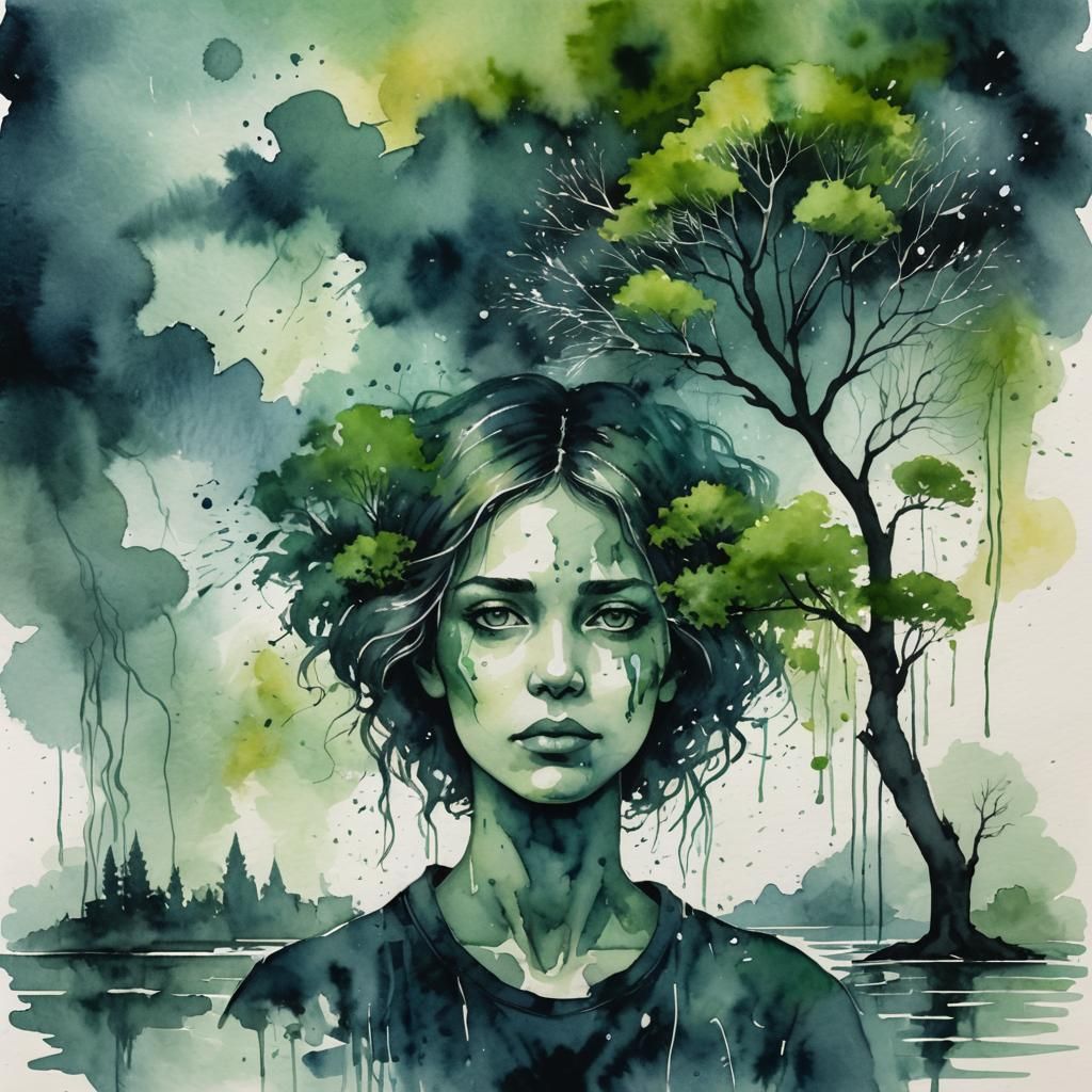 Moody Watercolor: Woman in Polluted Waters
