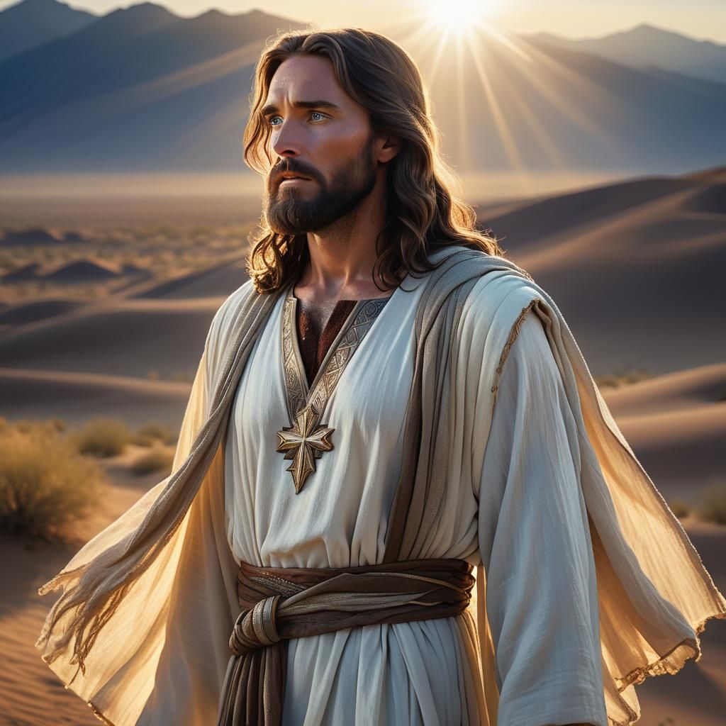 Jesus Christ in Desert Landscape at Golden Hour