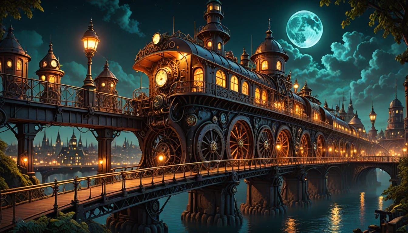 Steampunk Bridge Unfolds Under Moonlit Night Sky