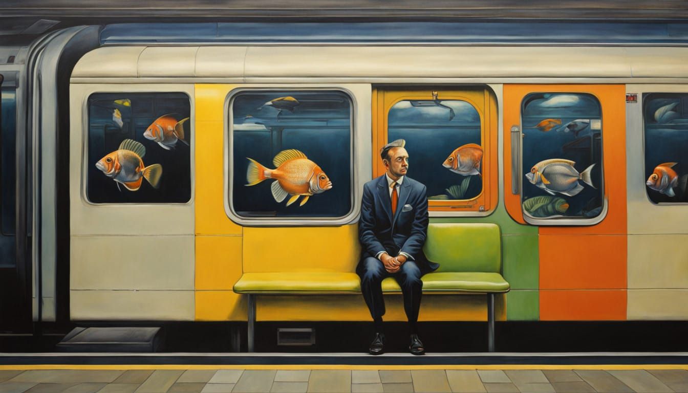 Surreal Hyperrealistic Oil Painting of Man Surrounded by Tro...