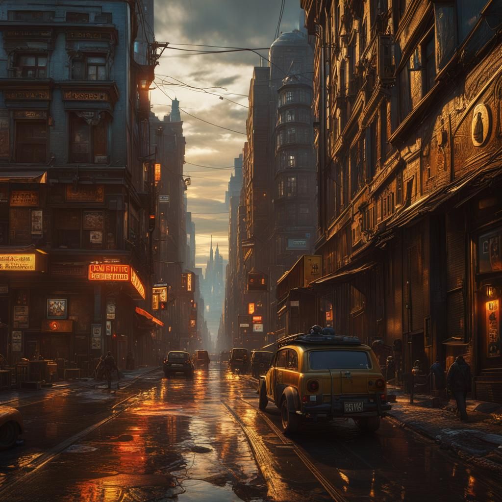 Cyberpunk City Street in Surreal Post-Apocalyptic Style