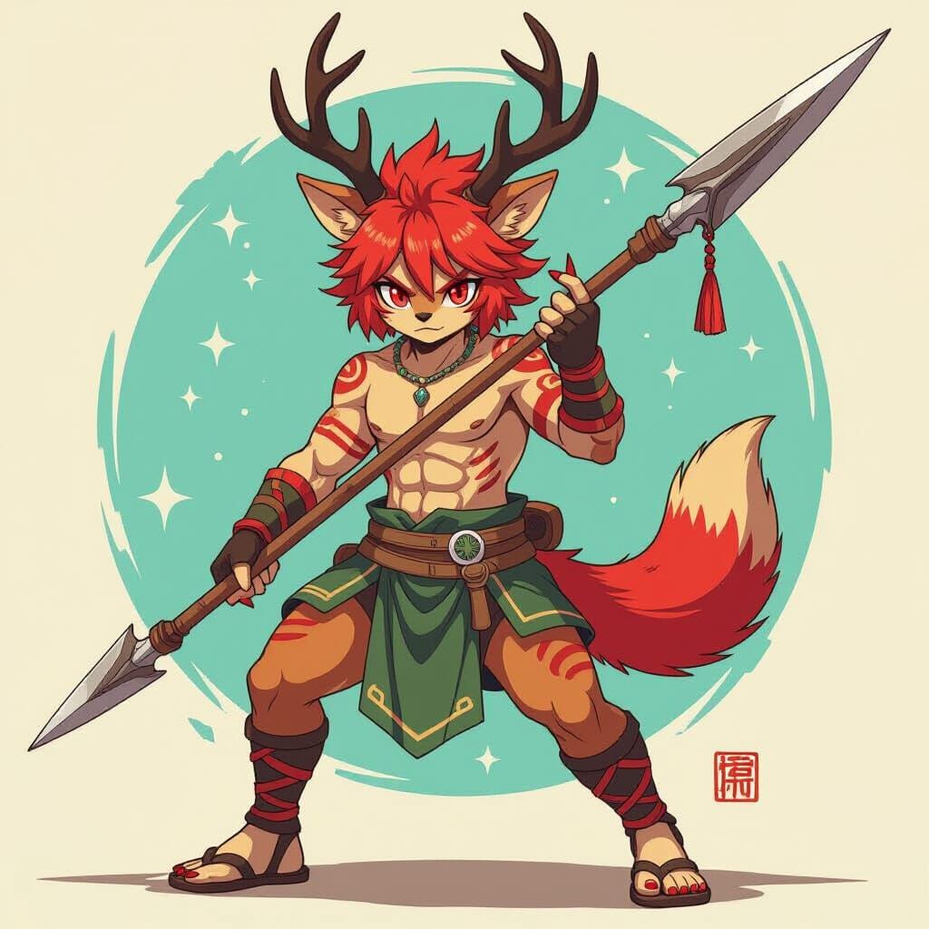 Beastkin Gladiator in Anime Style with Red Accents