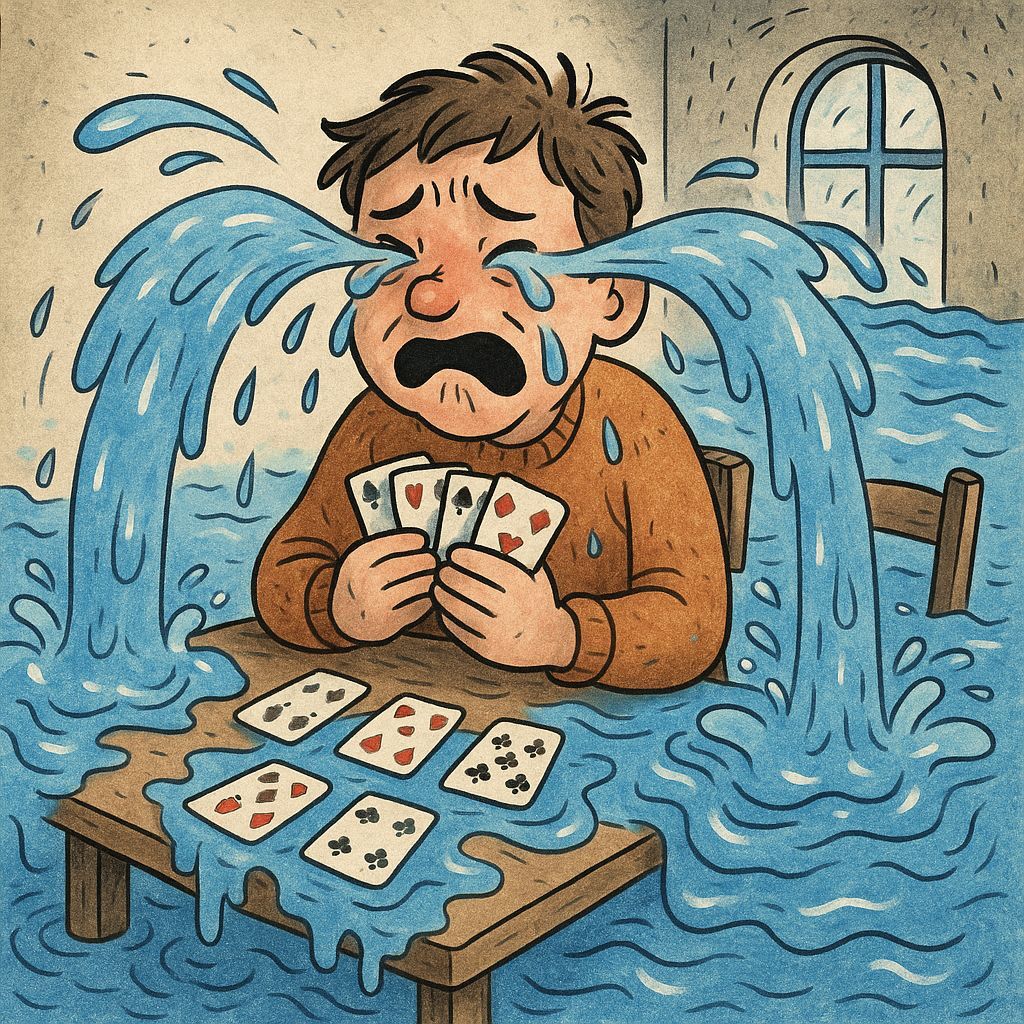 Man Drowning in Tears at Card Table