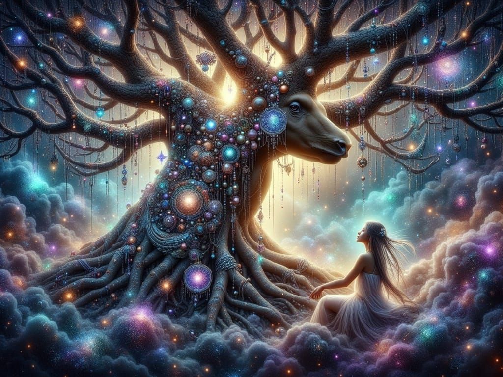 Mythic Tree Goddess in Celestial Surroundings