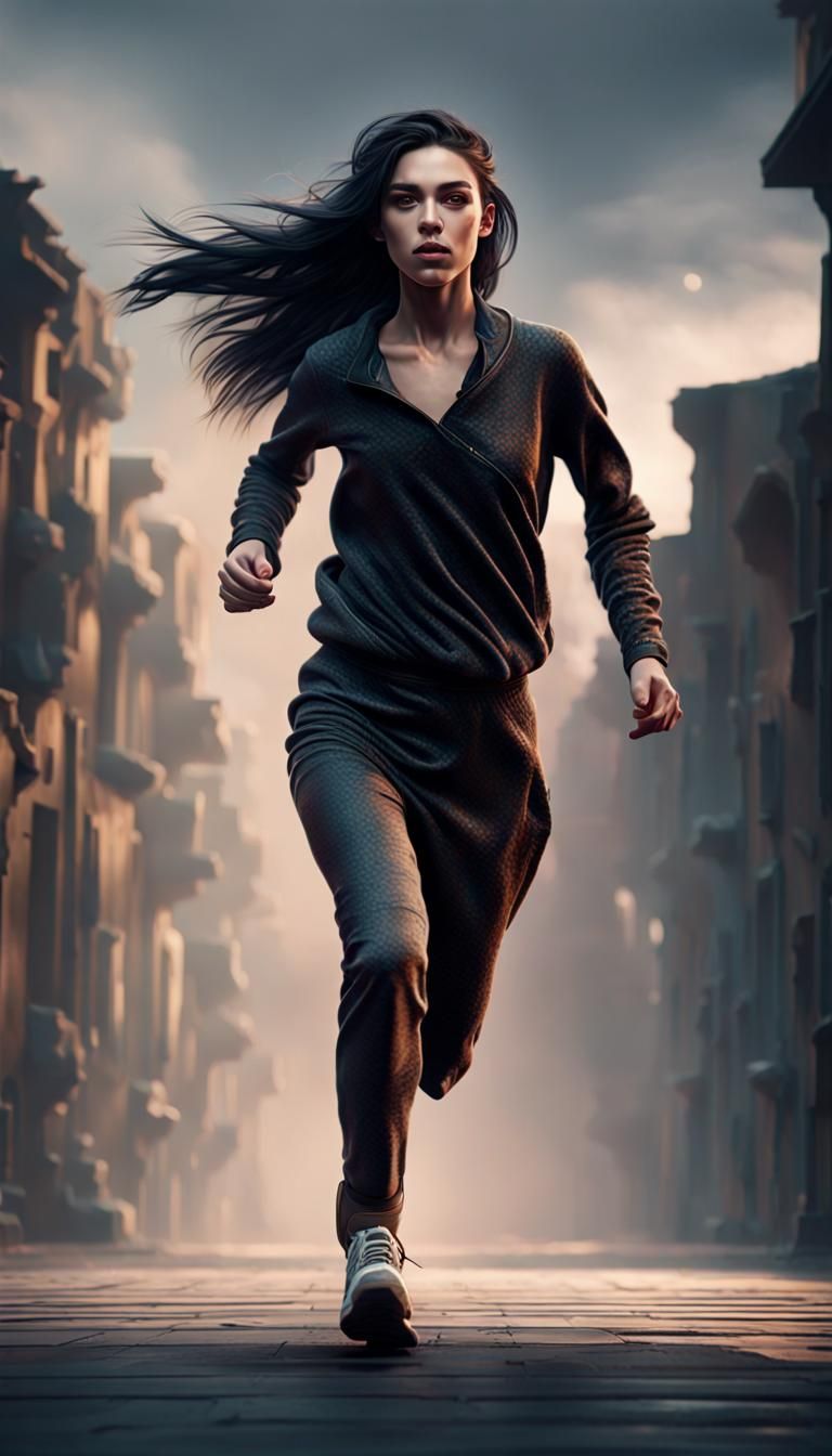 Mysterious Figure Running: Photorealistic Digital Painting