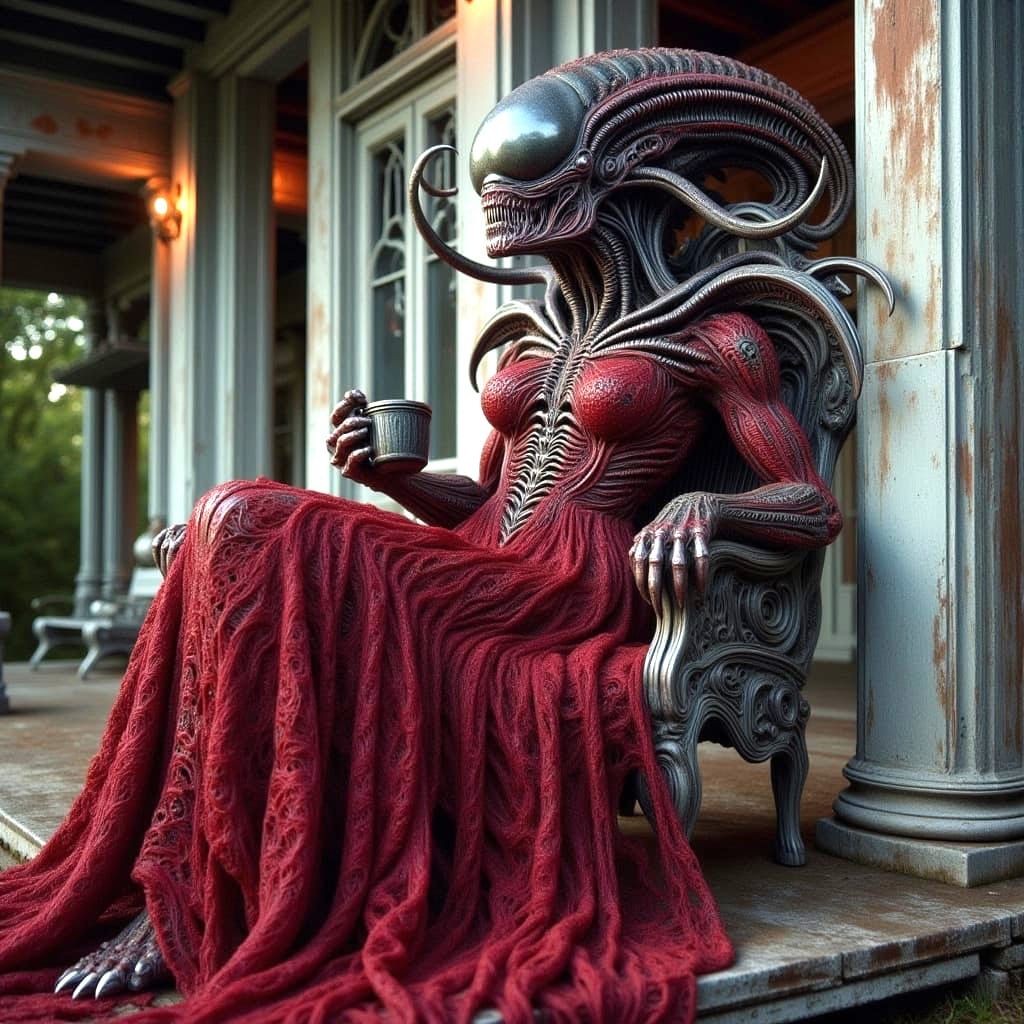 Xenomorph Hybrid Sipping Coffee in Giger Style