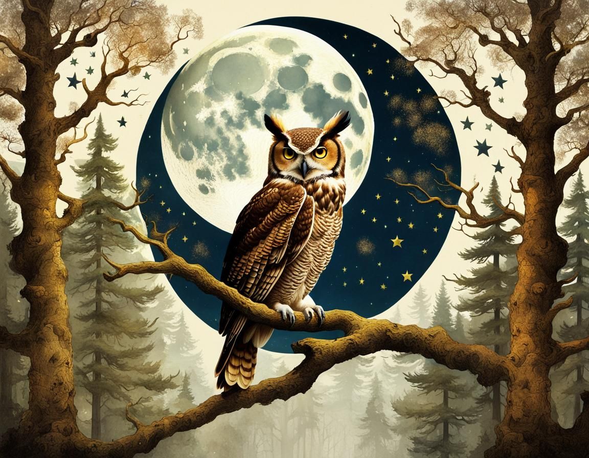 Surreal Great Horned Owl Painting with Zentangle