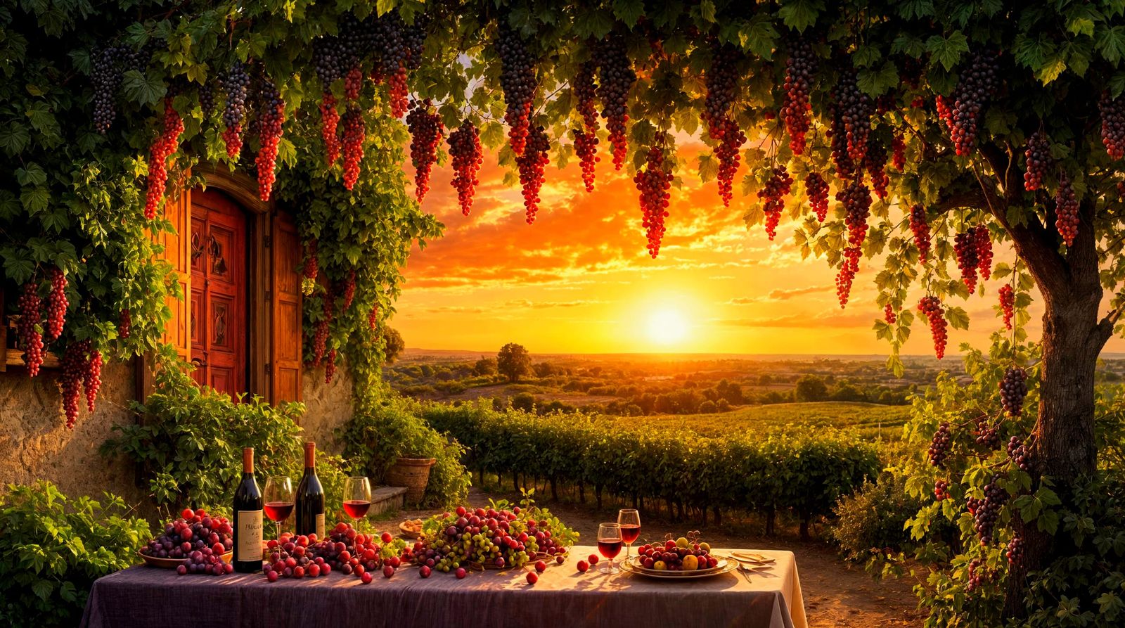 Vineyard Cottage at Sunset in Pre-Raphaelite Style