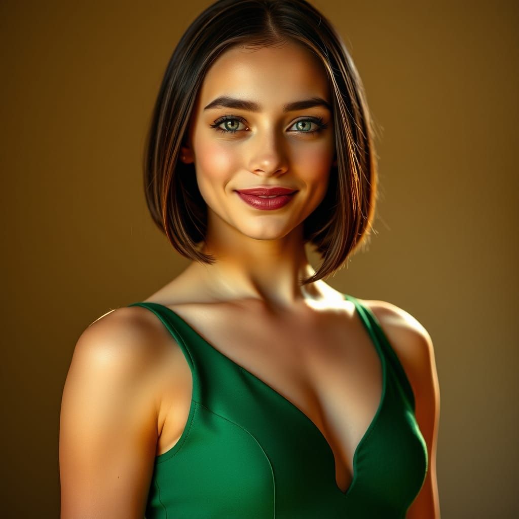 Elegant Woman in Emerald Dress: Cinematic Portrait