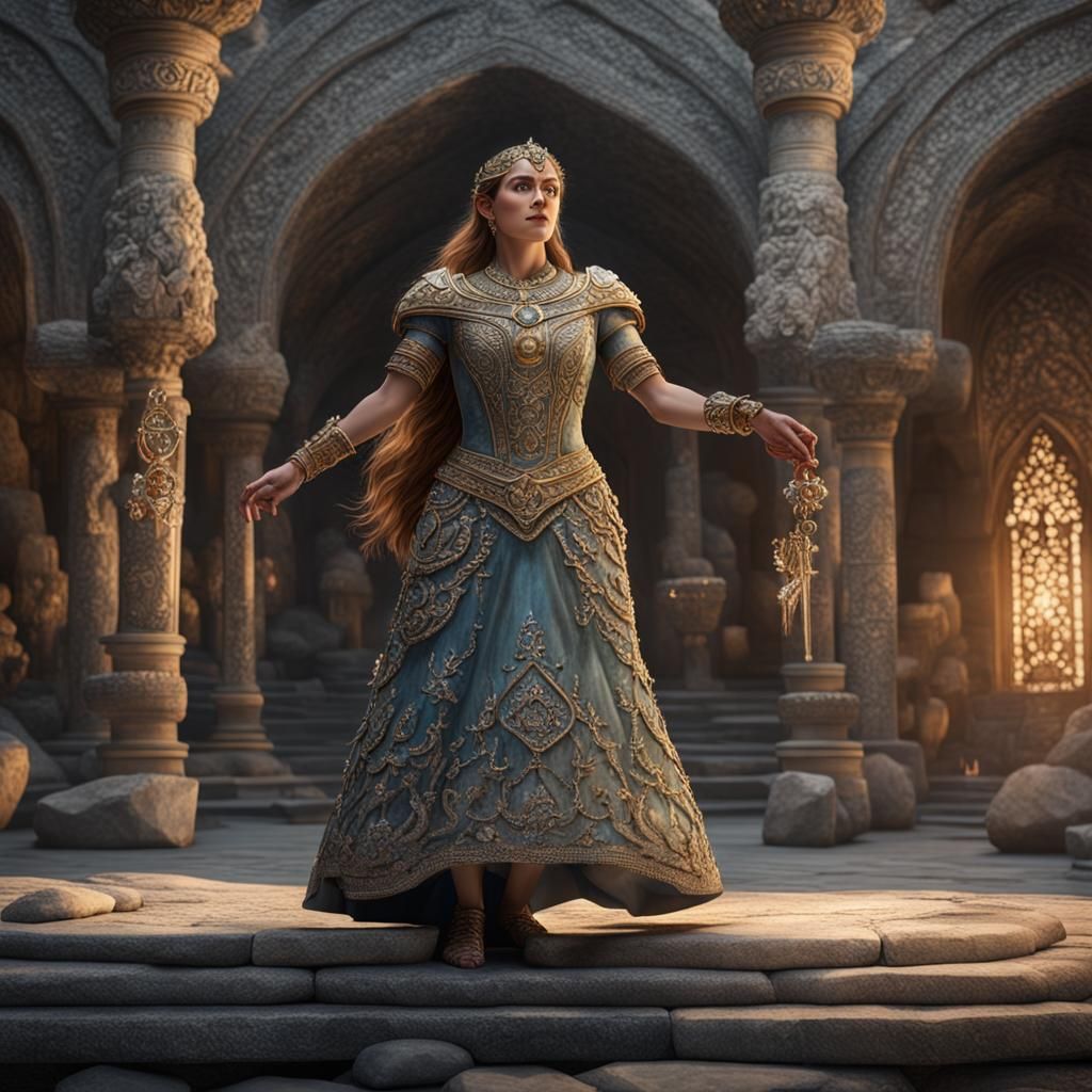 Dwarven Woman Dancing in Ornate Hall