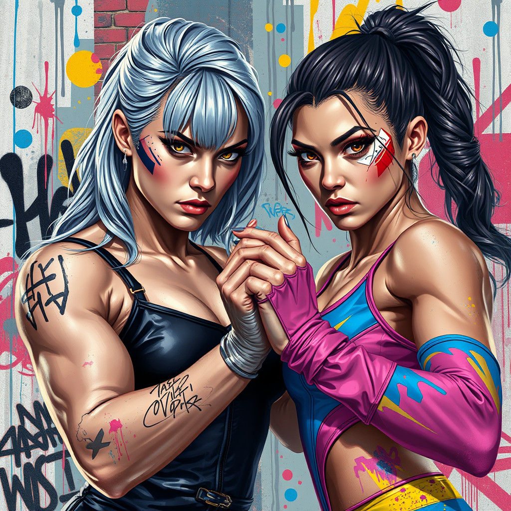 Dynamic Wrestling Duo in Polychromatic Street Art Style