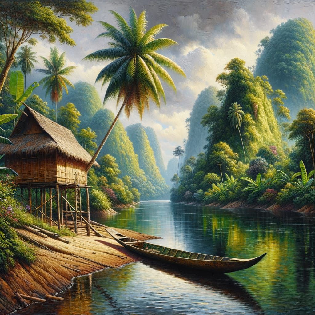 Impasto Oil Painting of Tropical River Canoe
