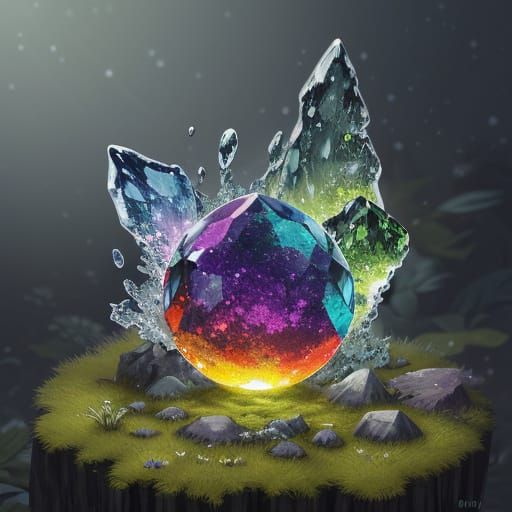 Vibrant Gemstone on Mossy Surface - Detailed Illustration