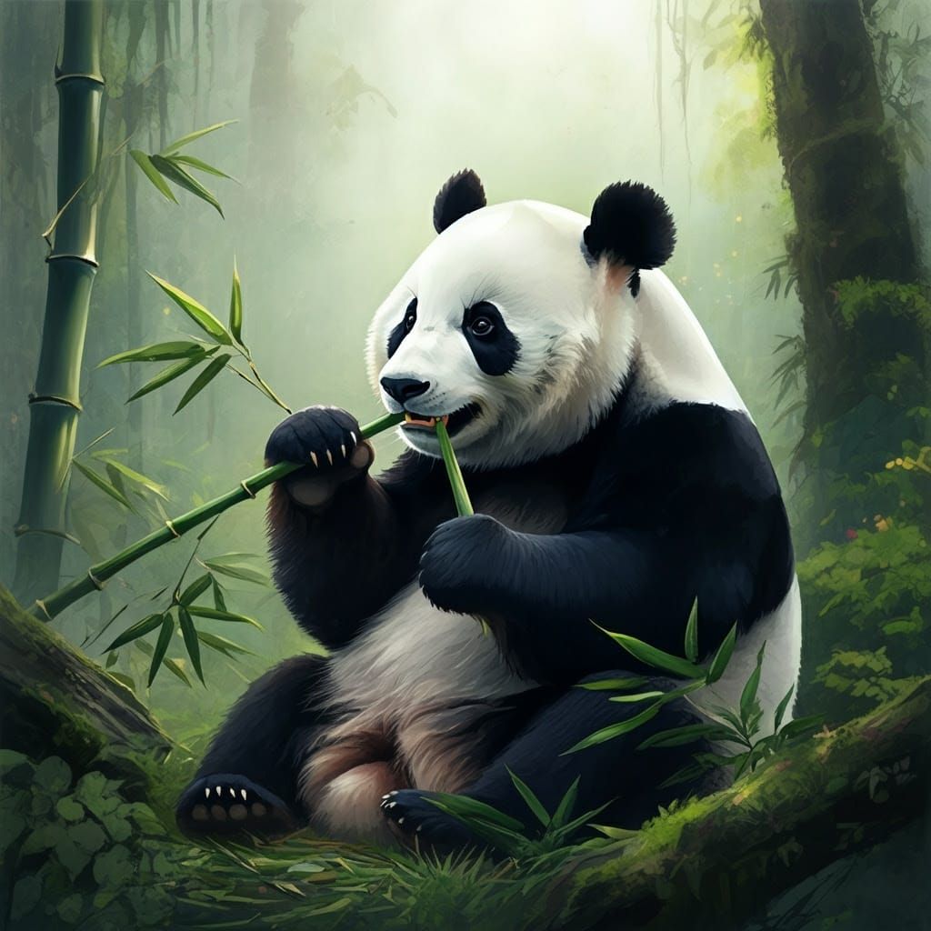 Surreal Panda in a Misty Bamboo Forest Scene
